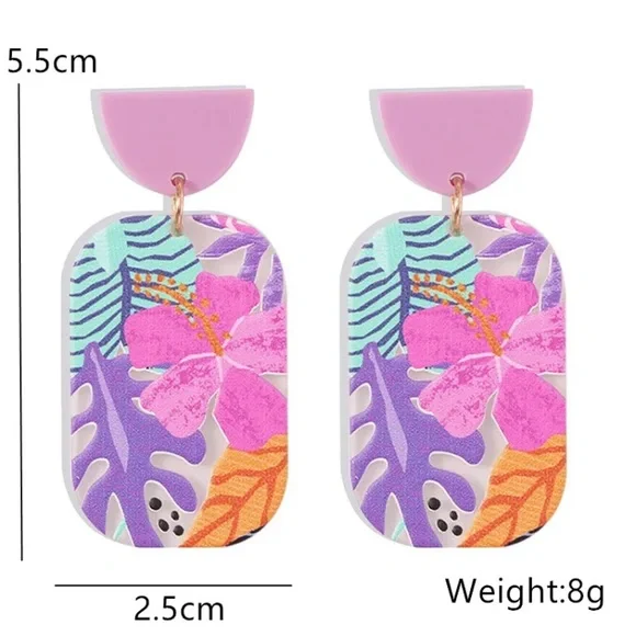 🌟 Acrylic Flower Hibiscus Tropical Transparent Square Earrings Palm Leaf - Picture 3 of 4